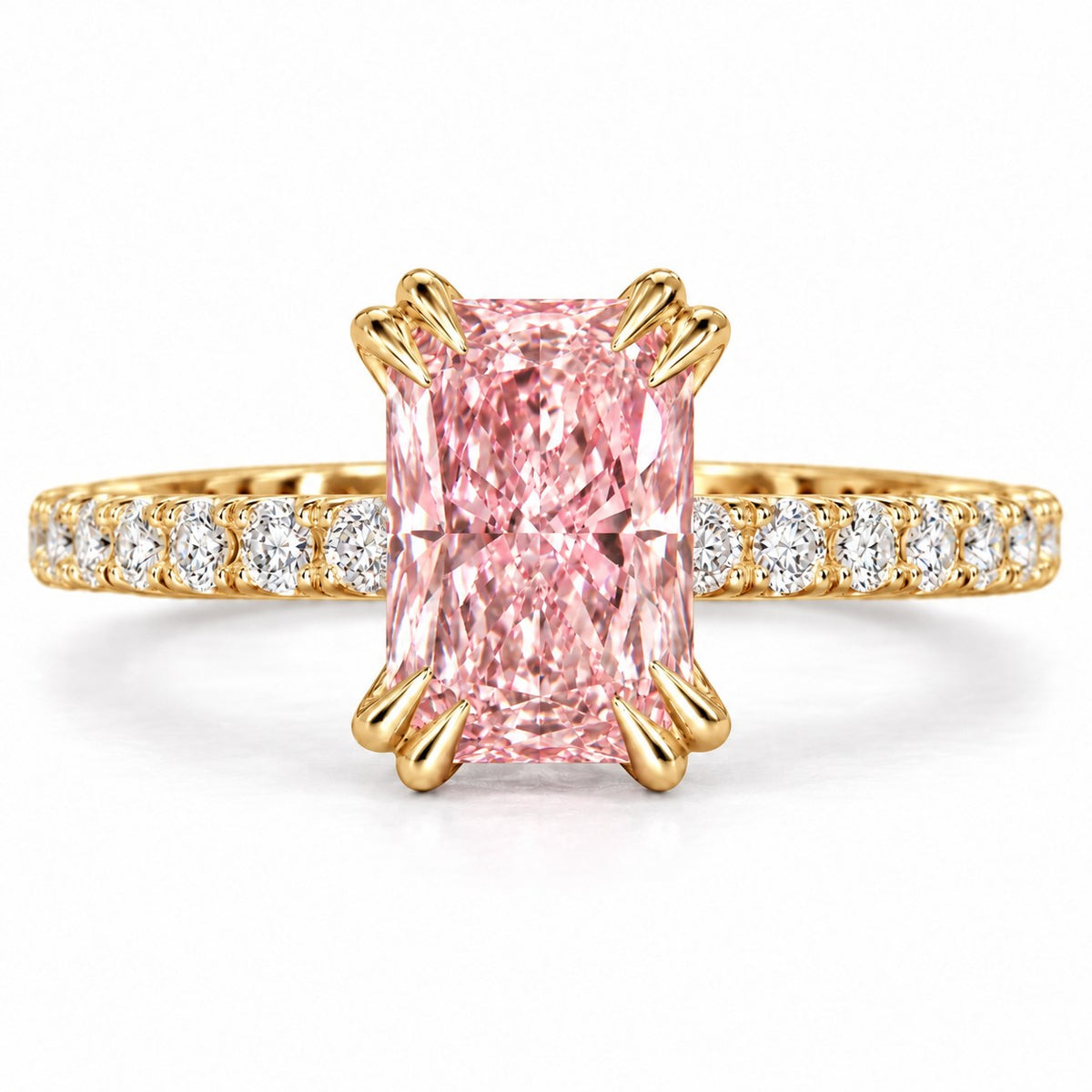 Pink Radiant Cut Lab Grown Diamond Engagement Ring - Cathedral Pave Band in yellow gold, front view
