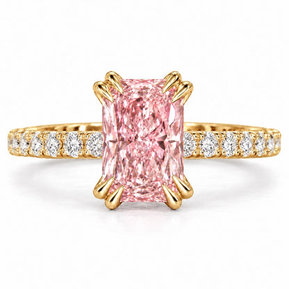 Pink Radiant Cut Lab Grown Diamond Engagement Ring - Cathedral Pave Band in yellow gold, front view