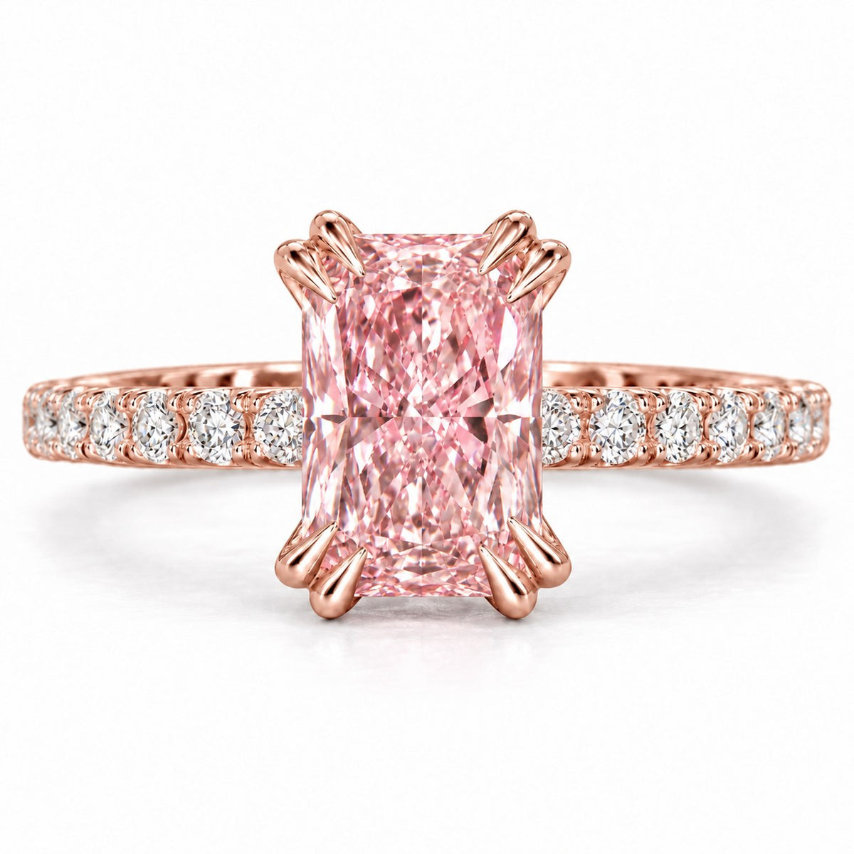 Pink Radiant Cut Lab Grown Diamond Engagement Ring - Cathedral Pave Band in rose gold, front view