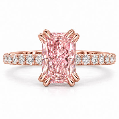 Pink Radiant Cut Lab Grown Diamond Engagement Ring - Cathedral Pave Band in rose gold, front view