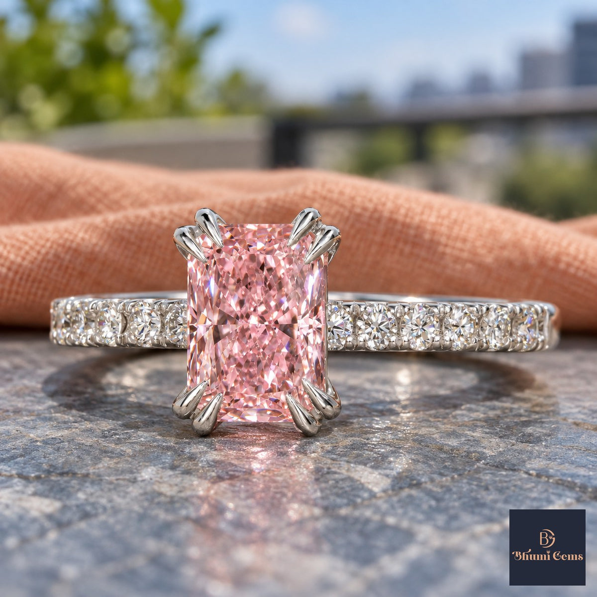 Pink Radiant Cut Lab Grown Diamond Engagement Ring - Cathedral Pave Band in white gold, close-up
