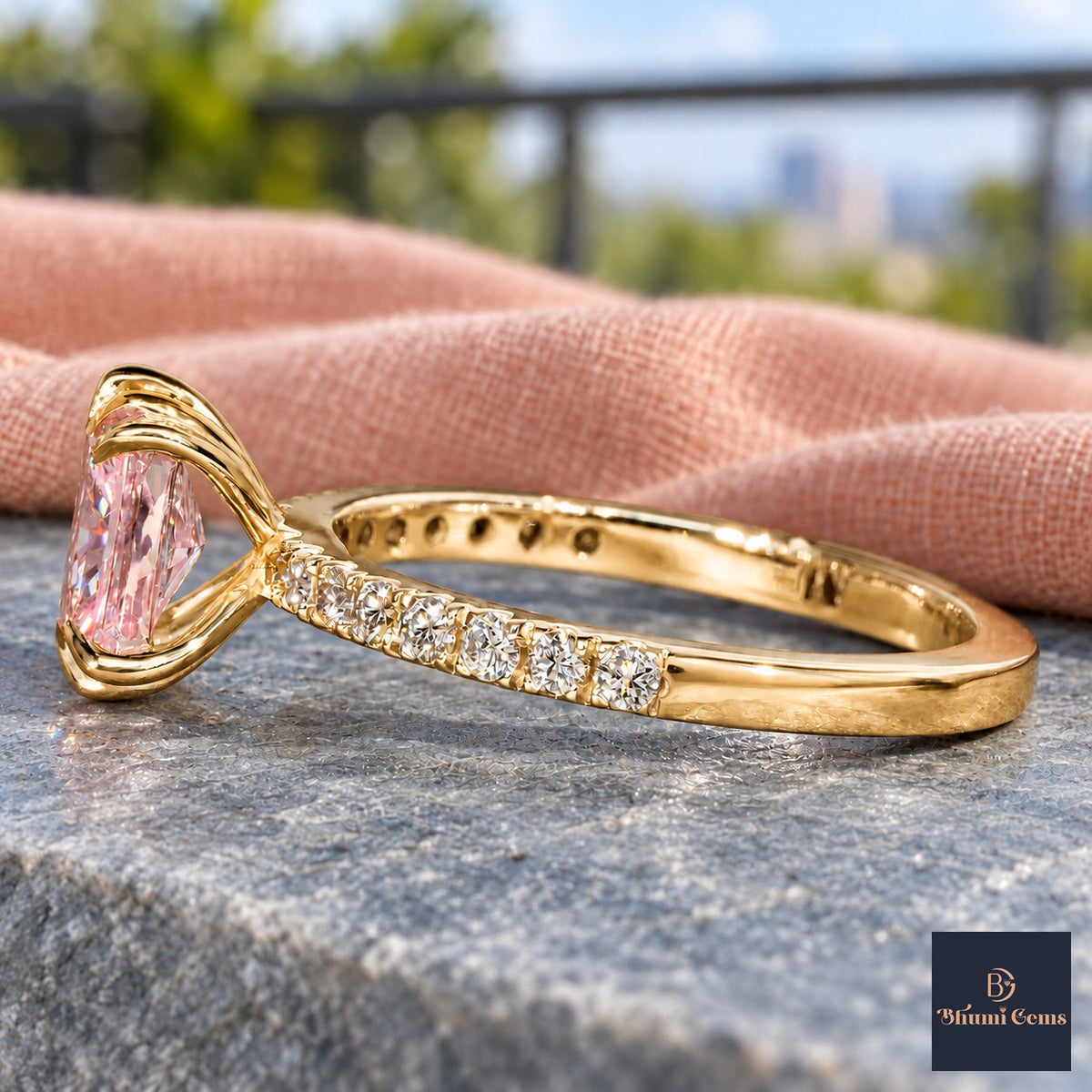 Pink Radiant Cut Lab Grown Diamond Engagement Ring - Cathedral Pave Band in yellow gold, side view