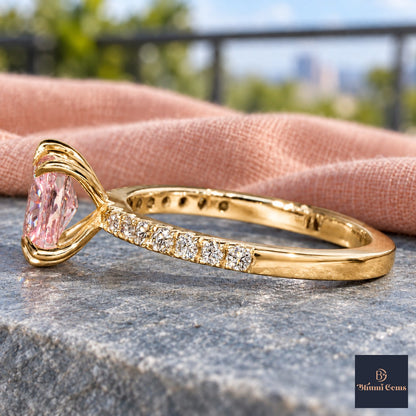 Pink Radiant Cut Lab Grown Diamond Engagement Ring - Cathedral Pave Band in yellow gold, side view