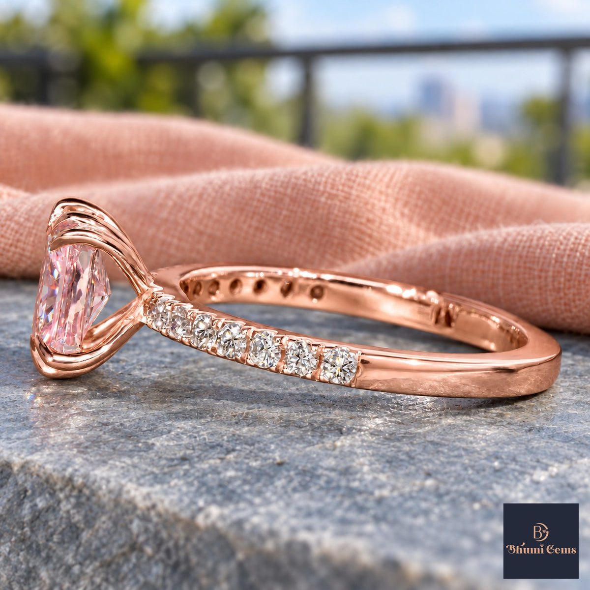 Pink Radiant Cut Lab Grown Diamond Engagement Ring - Cathedral Pave Band in rose gold, side view