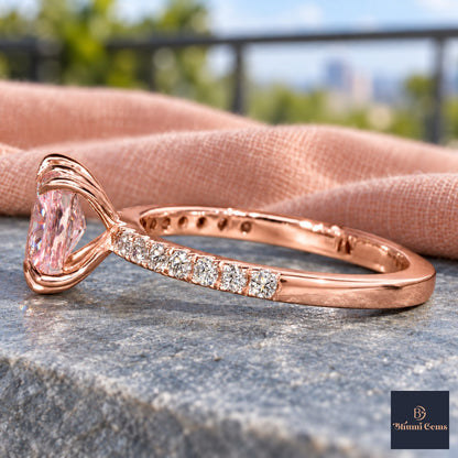 Pink Radiant Cut Lab Grown Diamond Engagement Ring - Cathedral Pave Band in rose gold, side view