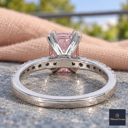 Pink Radiant Cut Lab Grown Diamond Engagement Ring - Cathedral Pave Band in white gold, gallery view