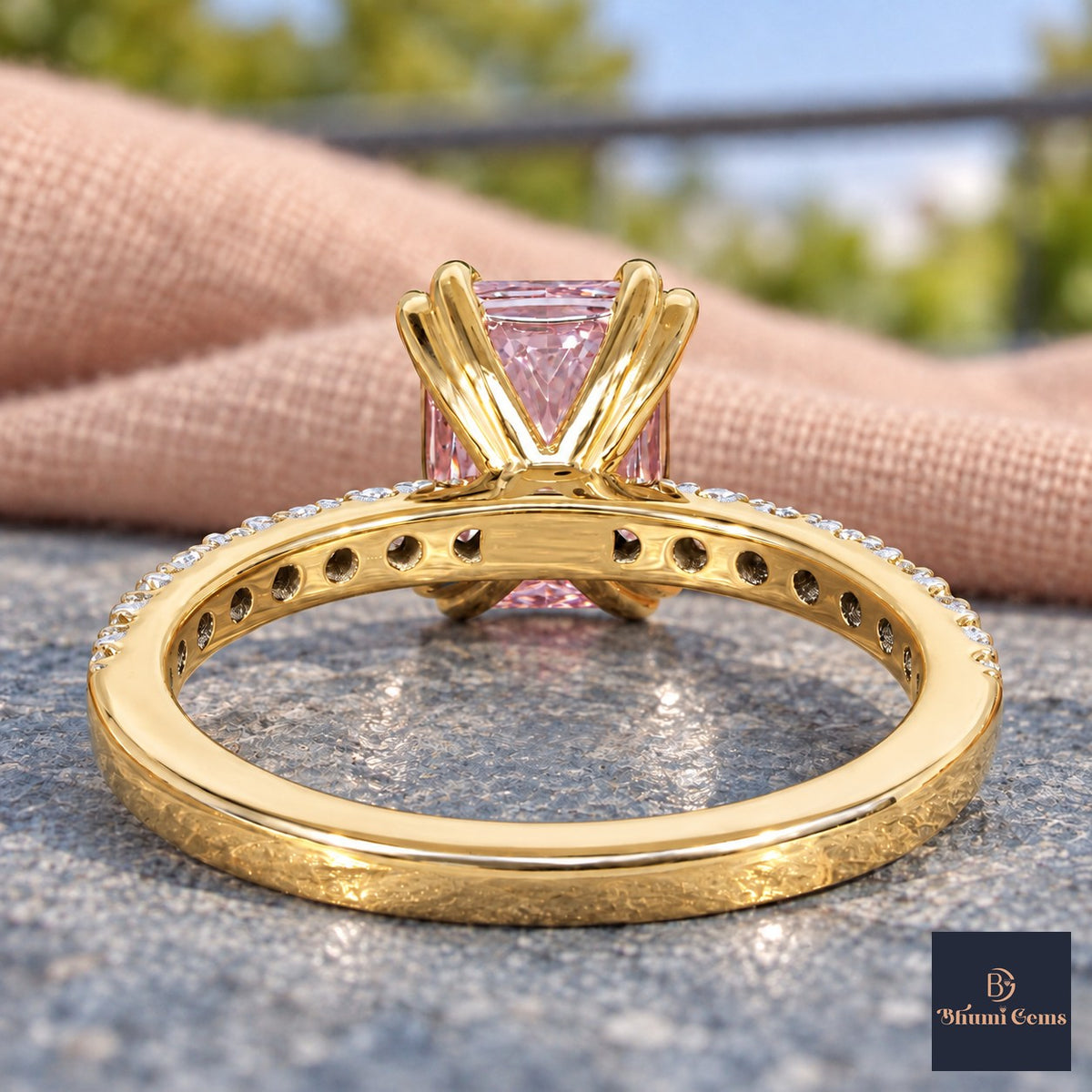 Pink Radiant Cut Lab Grown Diamond Engagement Ring - Cathedral Pave Band in yellow gold, gallery view
