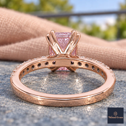 Pink Radiant Cut Lab Grown Diamond Engagement Ring - Cathedral Pave Band in rose gold, gallery view