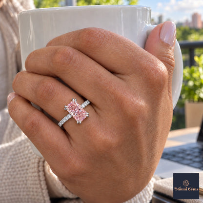 Pink Radiant Cut Lab Grown Diamond Engagement Ring - Cathedral Pave Band in white gold, on the hand