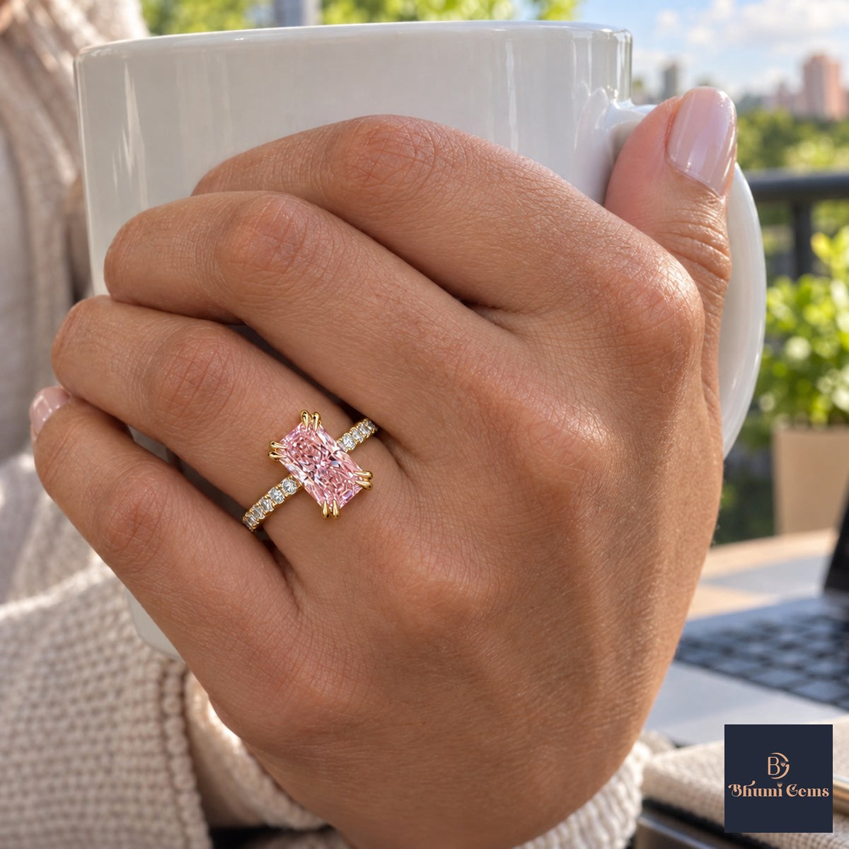 Pink Radiant Cut Lab Grown Diamond Engagement Ring - Cathedral Pave Band in yellow gold, on the hand