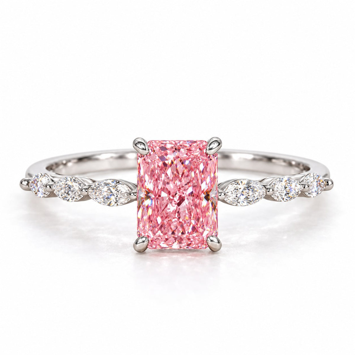 Pink Radiant Cut Lab Grown Diamond Engagement Ring - Navette Band in white gold, front view