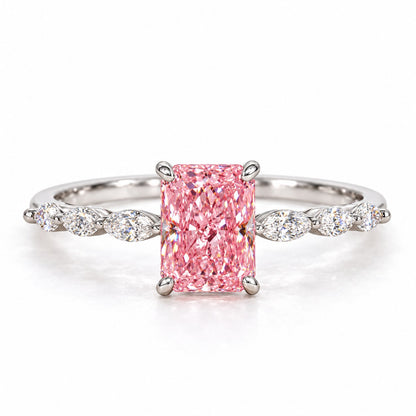 Pink Radiant Cut Lab Grown Diamond Engagement Ring - Navette Band in white gold, front view