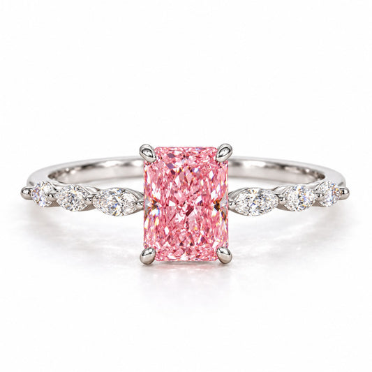 Pink Radiant Cut Lab Grown Diamond Engagement Ring - Navette Band in white gold, front view