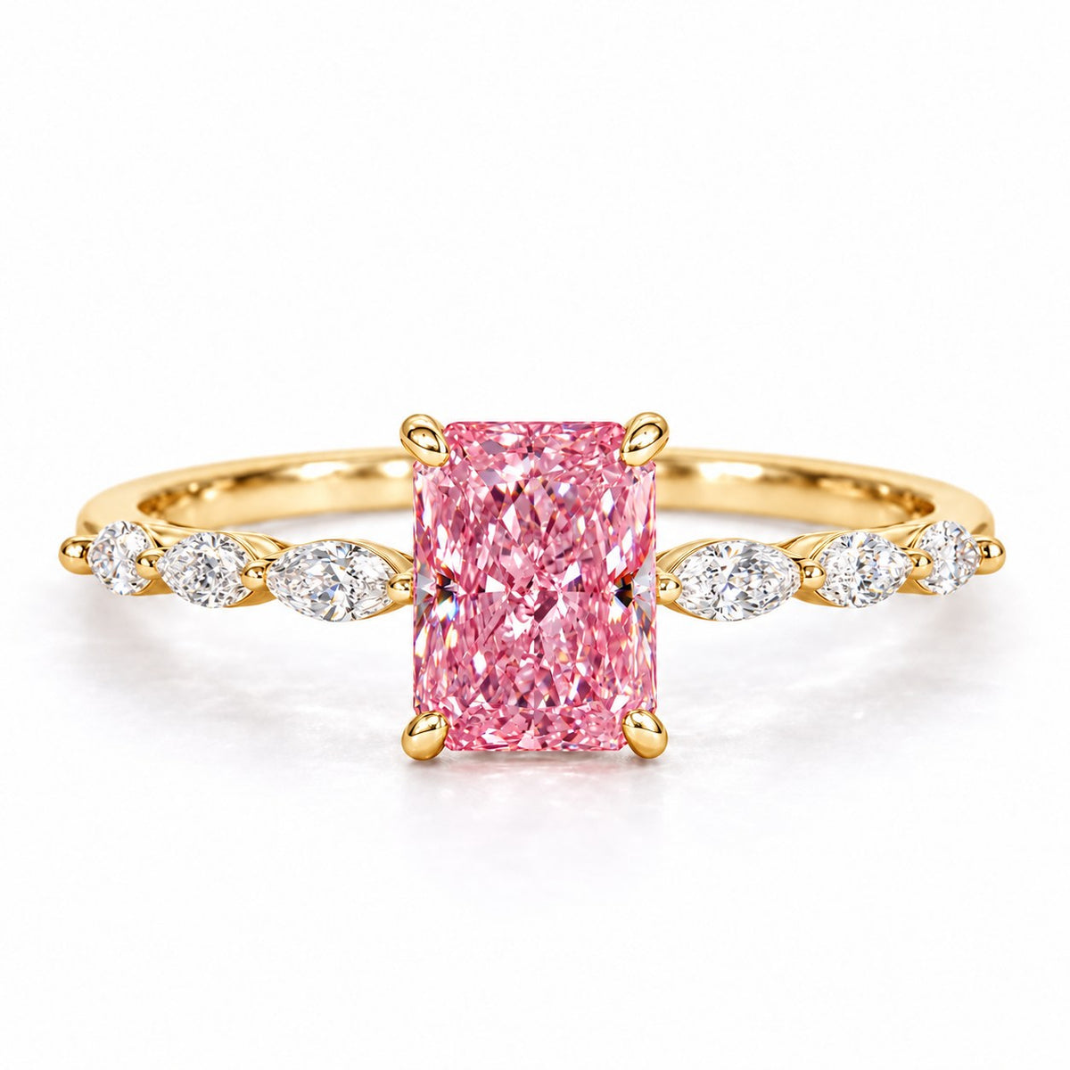 Pink Radiant Cut Lab Grown Diamond Engagement Ring - Navette Band in yellow gold, front view