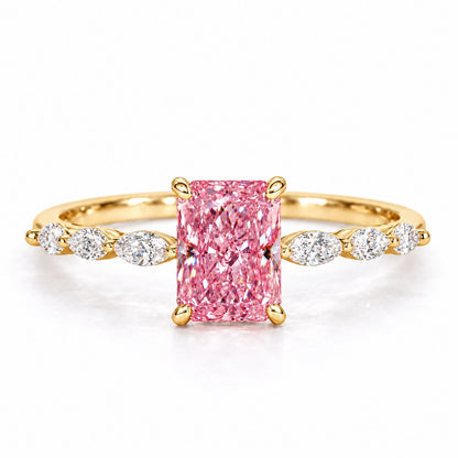 Pink Radiant Cut Lab Grown Diamond Engagement Ring - Navette Band in yellow gold, front view