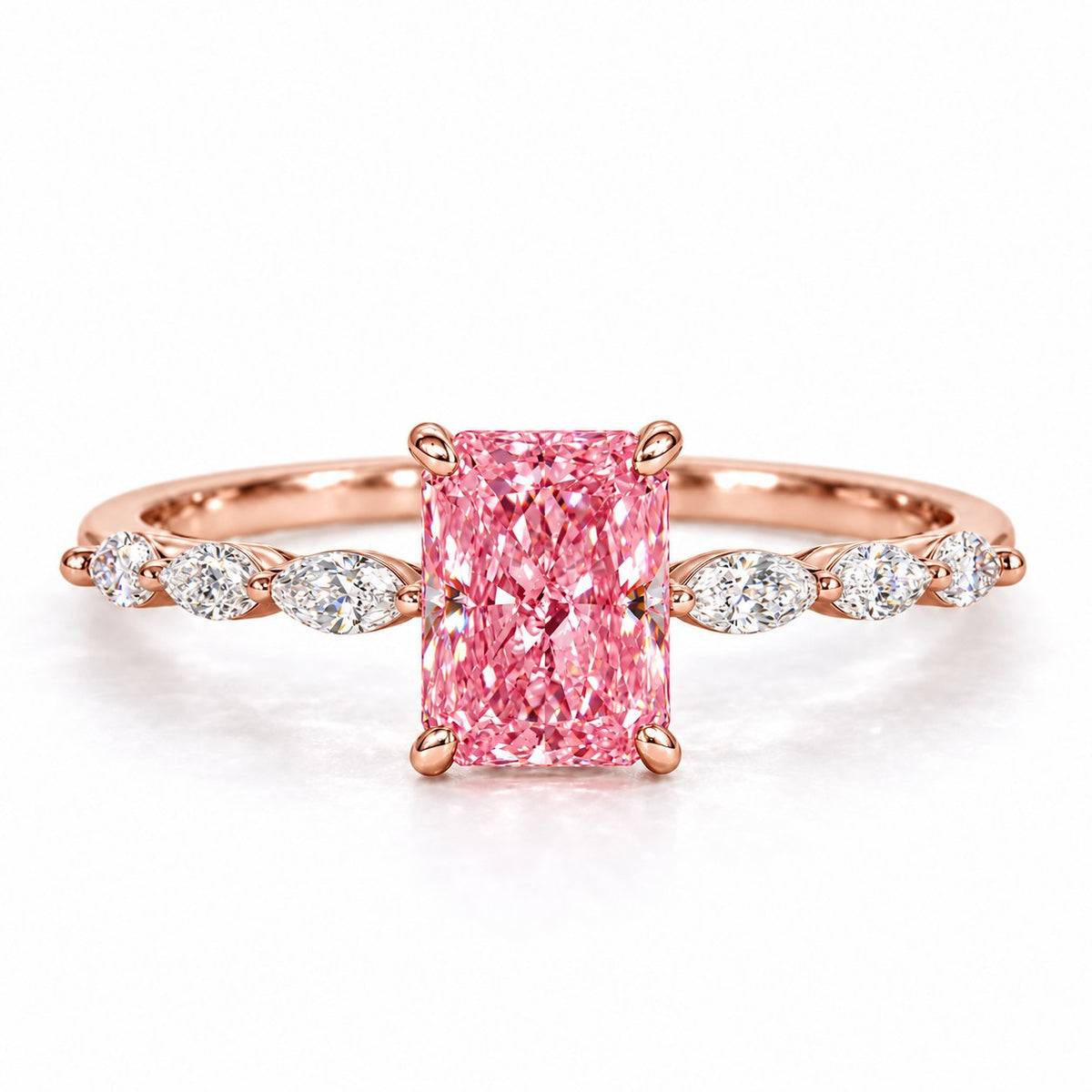 Pink Radiant Cut Lab Grown Diamond Engagement Ring - Navette Band in rose gold, front view