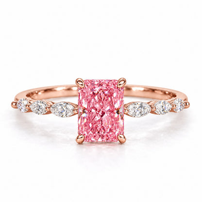 Pink Radiant Cut Lab Grown Diamond Engagement Ring - Navette Band in rose gold, front view