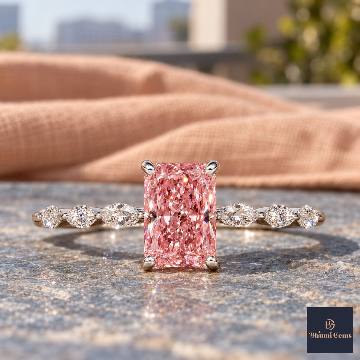 Pink Radiant Cut Lab Grown Diamond Engagement Ring - Navette Band in white gold, close-up