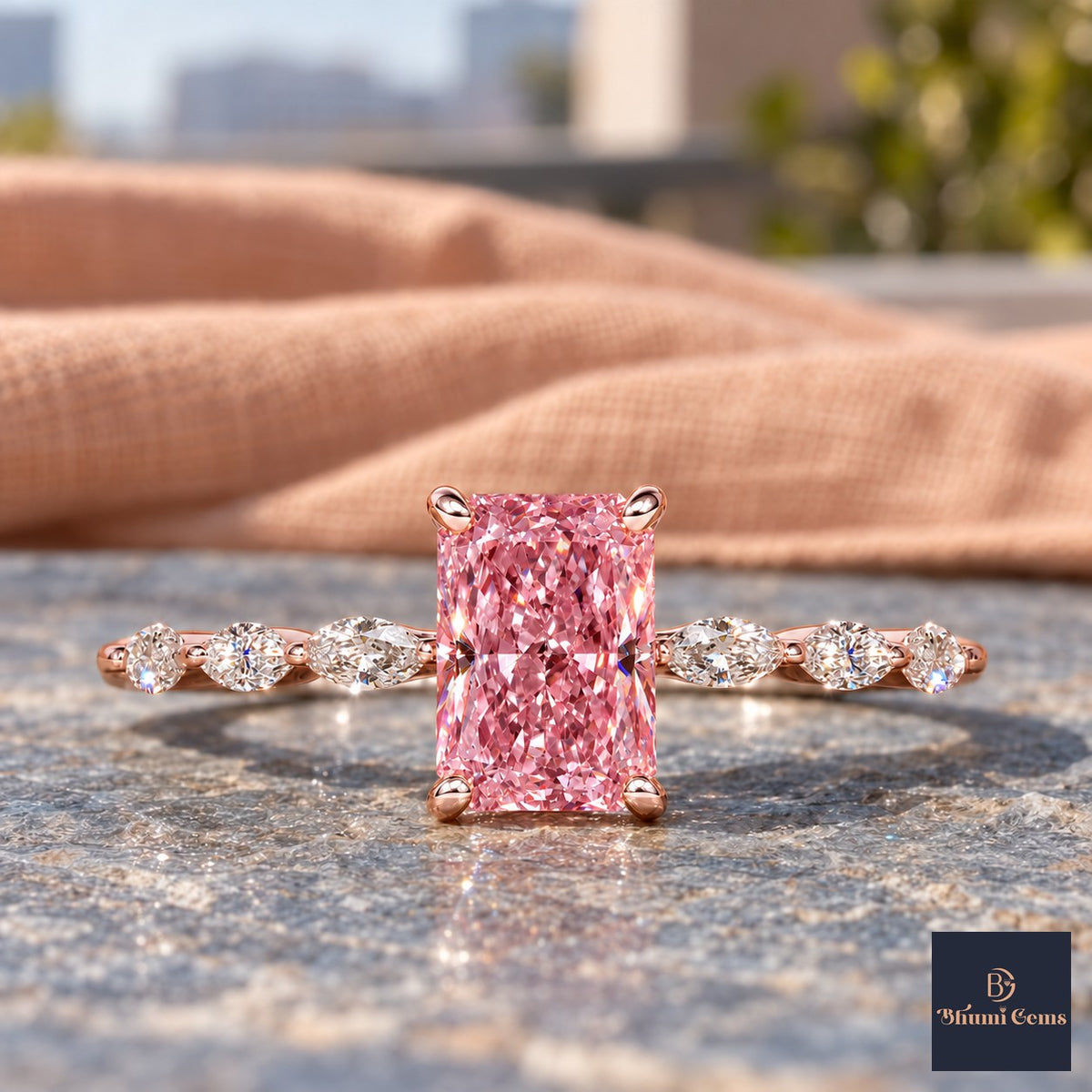 Pink Radiant Cut Lab Grown Diamond Engagement Ring - Navette Band in rose gold, close-up