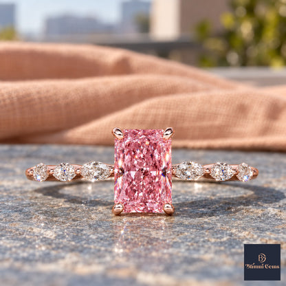 Pink Radiant Cut Lab Grown Diamond Engagement Ring - Navette Band in rose gold, close-up