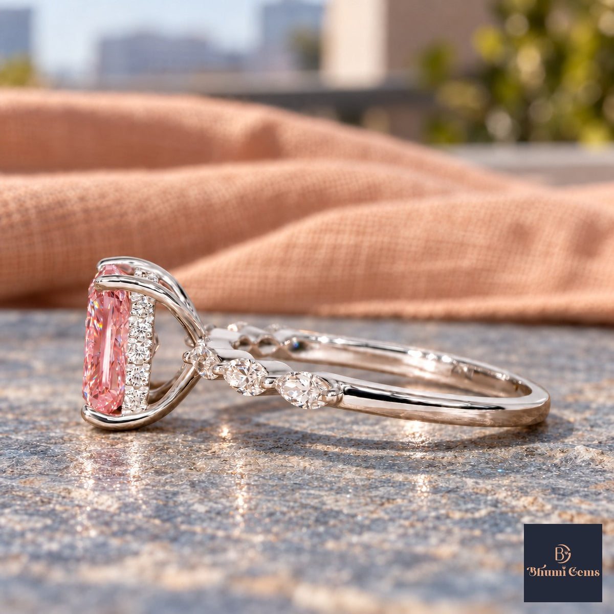 Pink Radiant Cut Lab Grown Diamond Engagement Ring - Navette Band in white gold, side view