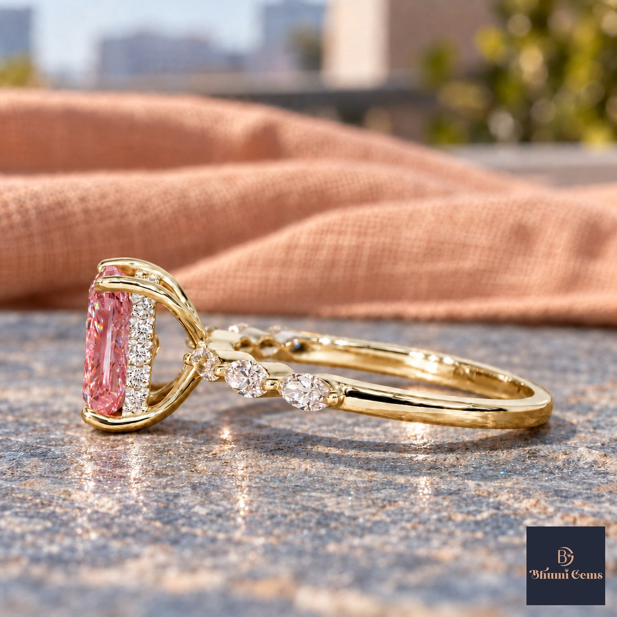 Pink Radiant Cut Lab Grown Diamond Engagement Ring - Navette Band in yellow gold, side view