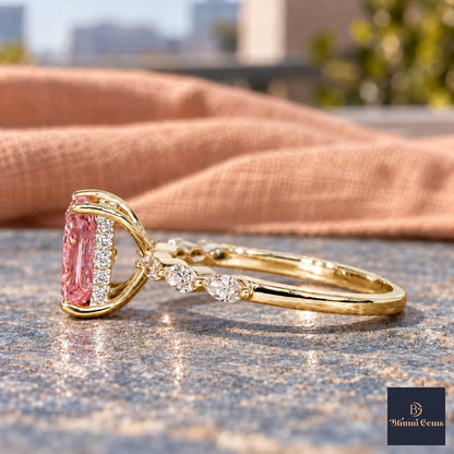 Pink Radiant Cut Lab Grown Diamond Engagement Ring - Navette Band in yellow gold, side view