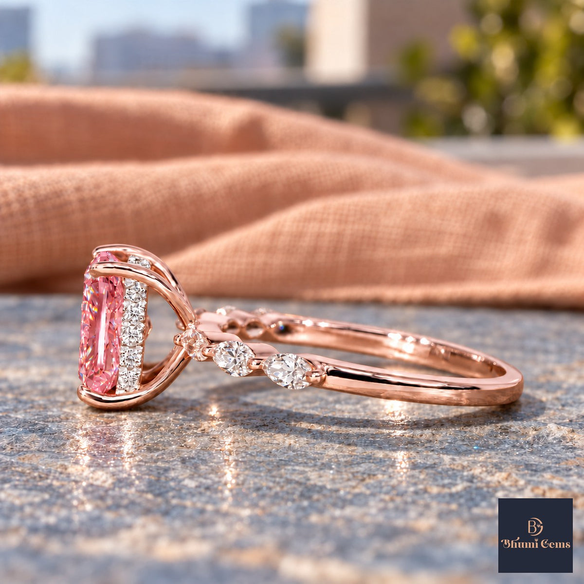 Pink Radiant Cut Lab Grown Diamond Engagement Ring - Navette Band in rose gold, side view