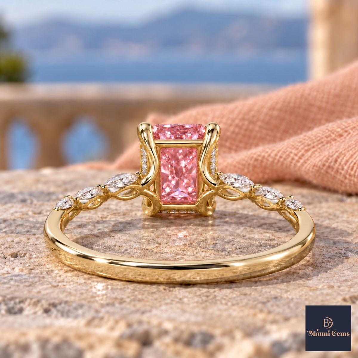 Pink Radiant Cut Lab Grown Diamond Engagement Ring - Navette Band in yellow gold, gallery view