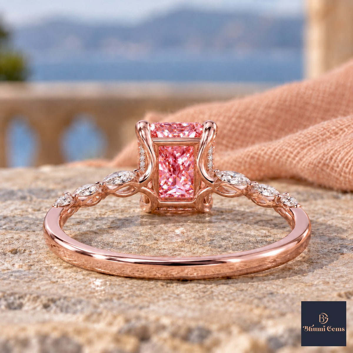 Pink Radiant Cut Lab Grown Diamond Engagement Ring - Navette Band in rose gold, gallery view