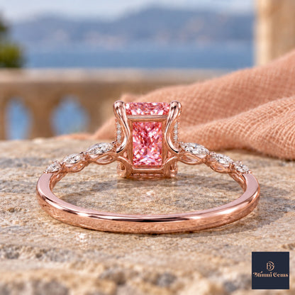 Pink Radiant Cut Lab Grown Diamond Engagement Ring - Navette Band in rose gold, gallery view