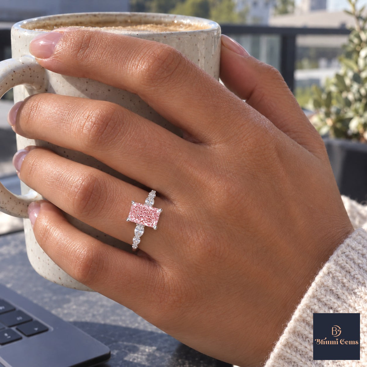 Pink Radiant Cut Lab Grown Diamond Engagement Ring - Navette Band in white gold, on the hand