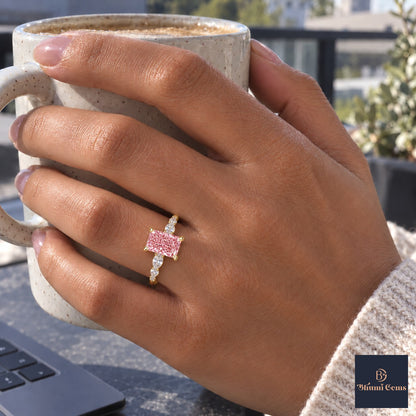 Pink Radiant Cut Lab Grown Diamond Engagement Ring - Navette Band in yellow gold, on the hand
