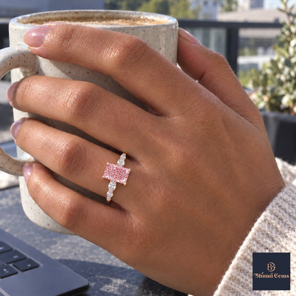 Pink Radiant Cut Lab Grown Diamond Engagement Ring - Navette Band in rose gold, on the hand