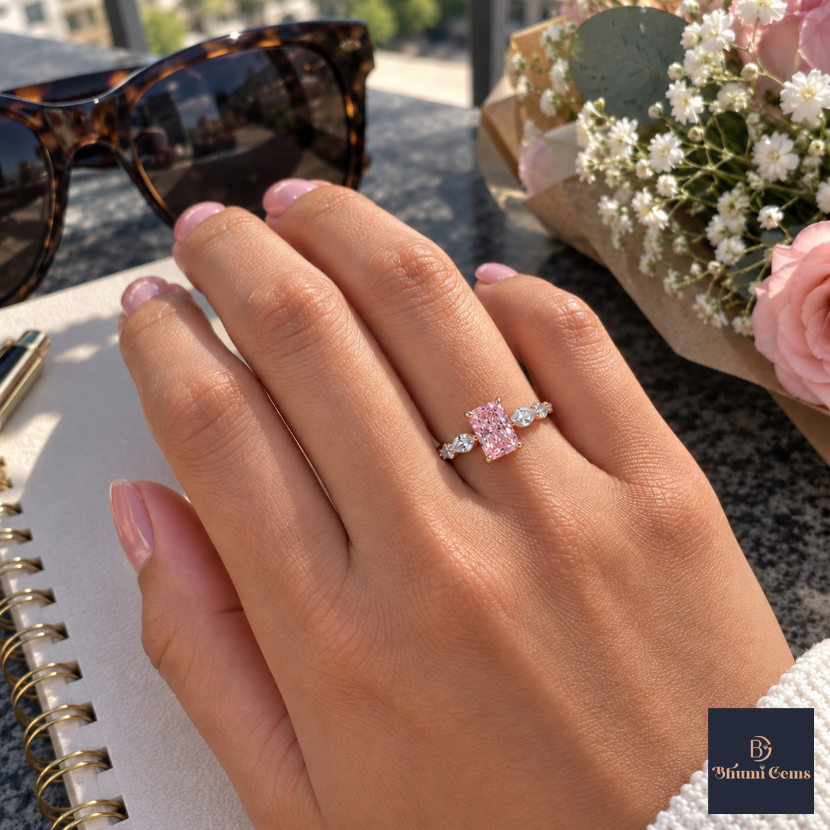 Pink Radiant Cut Lab Grown Diamond Engagement Ring - Navette Band in rose gold, worn on the hand