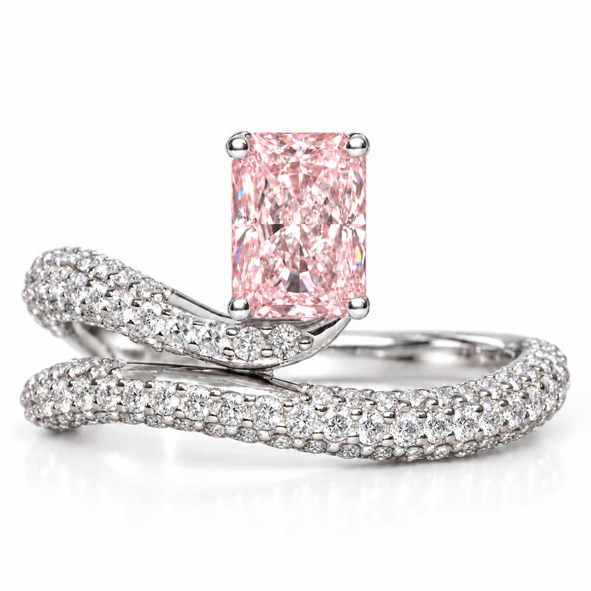 Pink Radiant Cut Lab Grown Diamond Engagement Ring - Pave Wrap Bypass in white gold, front view