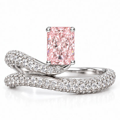 Pink Radiant Cut Lab Grown Diamond Engagement Ring - Pave Wrap Bypass in white gold, front view