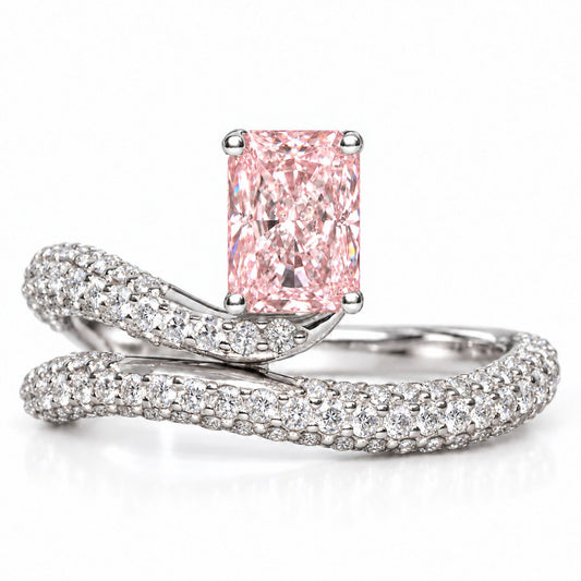 Pink Radiant Cut Lab Grown Diamond Engagement Ring - Pave Wrap Bypass in white gold, front view
