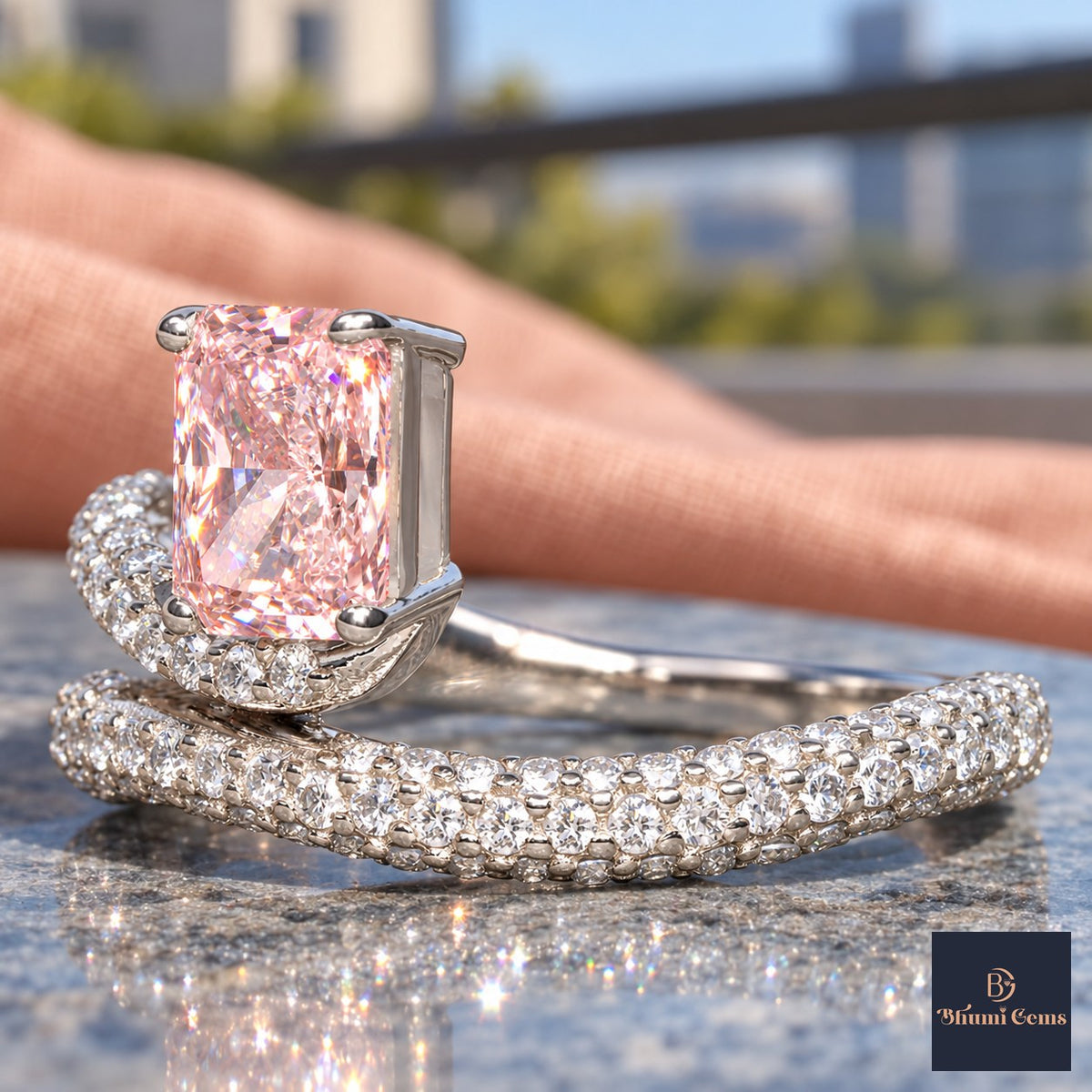 Pink Radiant Cut Lab Grown Diamond Engagement Ring - Pave Wrap Bypass in white gold, close-up