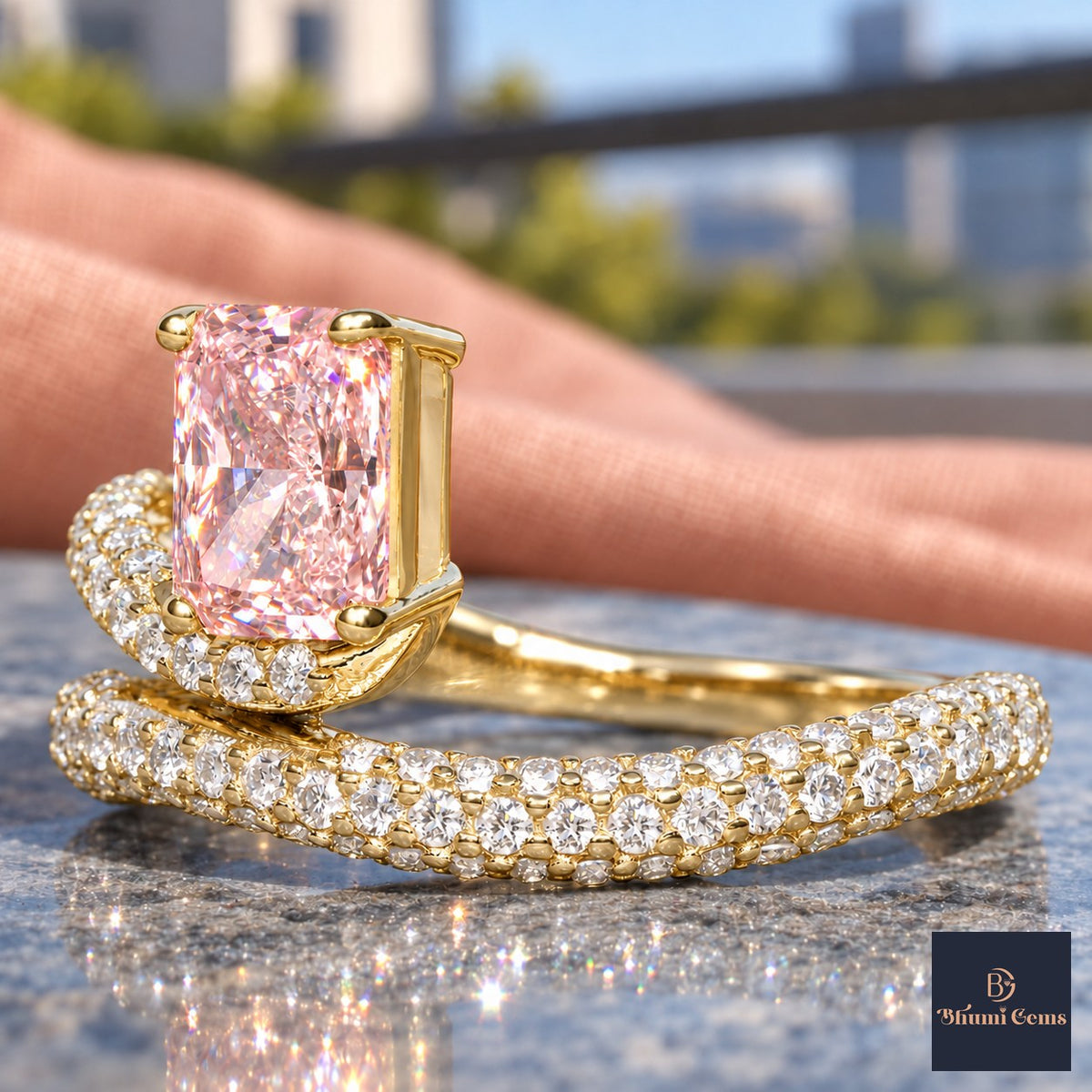 Pink Radiant Cut Lab Grown Diamond Engagement Ring - Pave Wrap Bypass in yellow gold, close-up