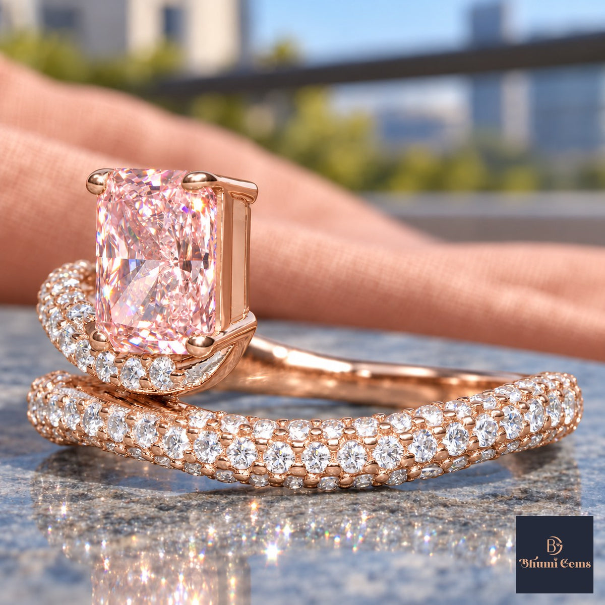 Pink Radiant Cut Lab Grown Diamond Engagement Ring - Pave Wrap Bypass in rose gold, close-up