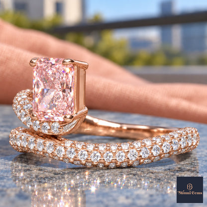 Pink Radiant Cut Lab Grown Diamond Engagement Ring - Pave Wrap Bypass in rose gold, close-up