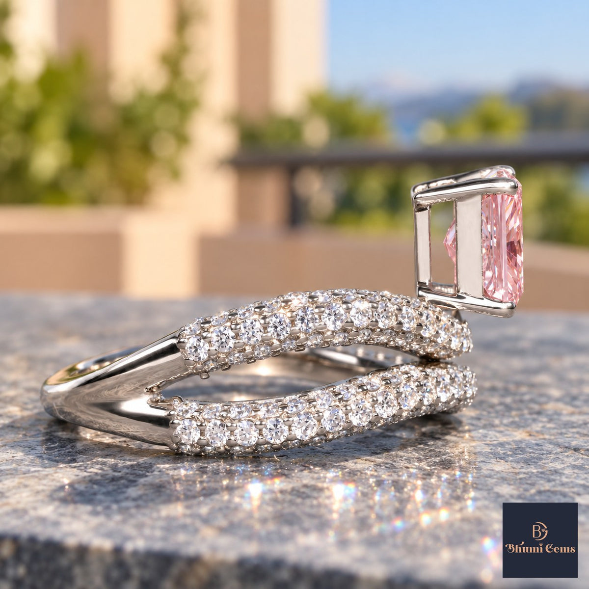 Pink Radiant Cut Lab Grown Diamond Engagement Ring - Pave Wrap Bypass in white gold, side view