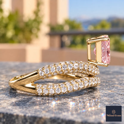 Pink Radiant Cut Lab Grown Diamond Engagement Ring - Pave Wrap Bypass in yellow gold, side view
