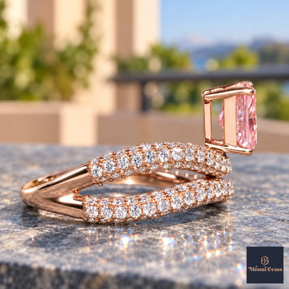 Pink Radiant Cut Lab Grown Diamond Engagement Ring - Pave Wrap Bypass in rose gold, side view