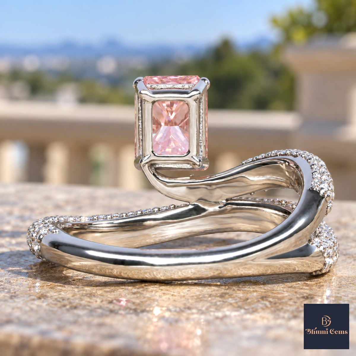 Pink Radiant Cut Lab Grown Diamond Engagement Ring - Pave Wrap Bypass in white gold, gallery view