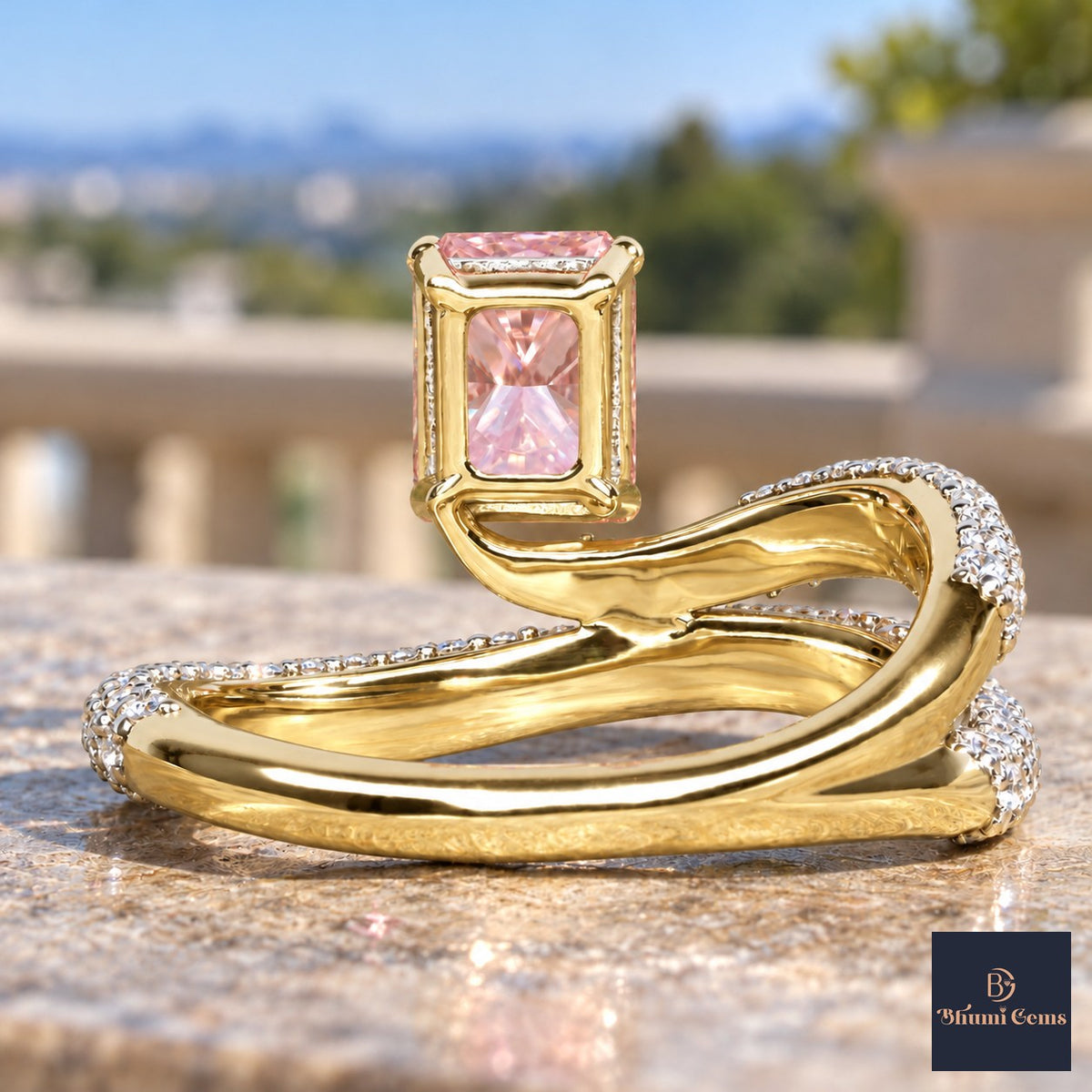 Pink Radiant Cut Lab Grown Diamond Engagement Ring - Pave Wrap Bypass in yellow gold, gallery view