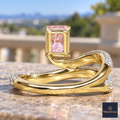 Pink Radiant Cut Lab Grown Diamond Engagement Ring - Pave Wrap Bypass in yellow gold, gallery view