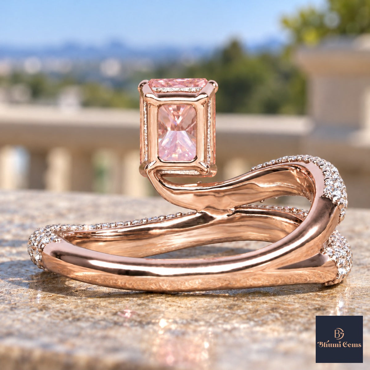 Pink Radiant Cut Lab Grown Diamond Engagement Ring - Pave Wrap Bypass in rose gold, gallery view