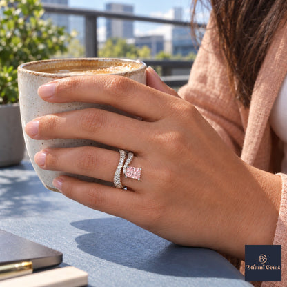 Pink Radiant Cut Lab Grown Diamond Engagement Ring - Pave Wrap Bypass in white gold, on the hand